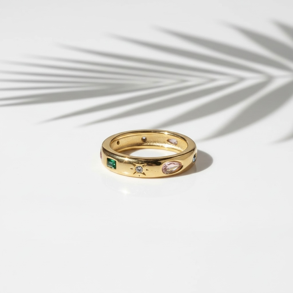Gold Band Ring With Mixed Gemstones